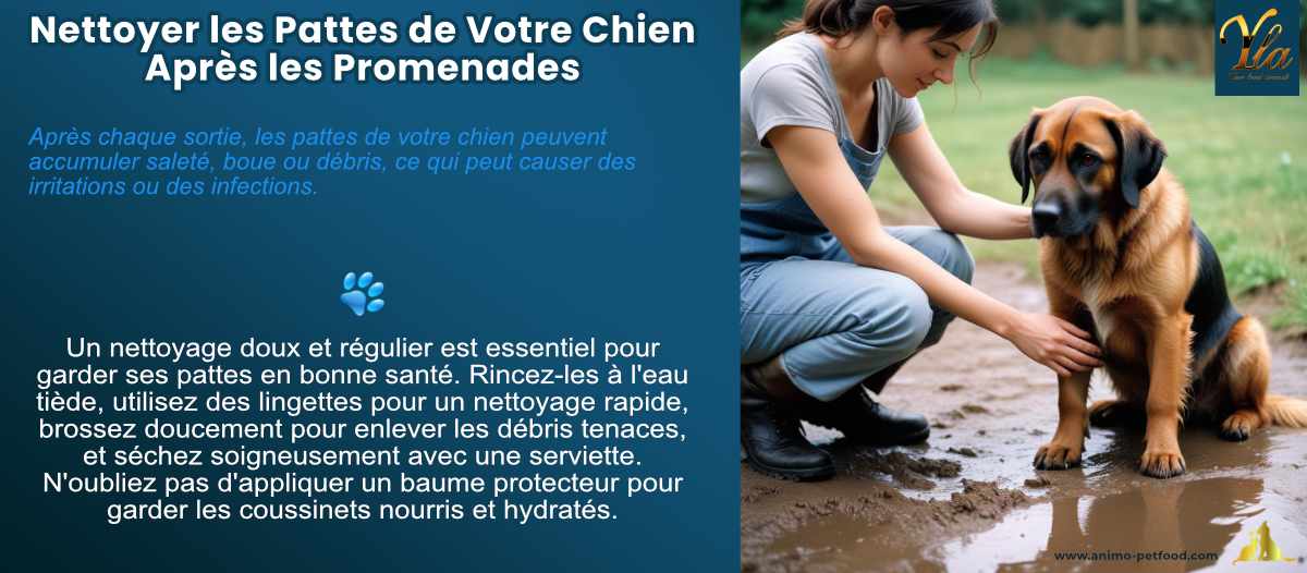 Nettoyer les pattes de votre chien après une promenade pour prévenir les irritations et infections, avec un chiffon doux ou une lingette